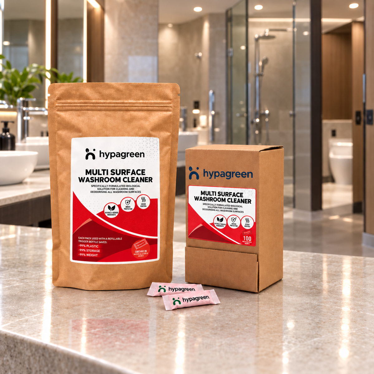 15 × conventional 5L bottles (78kg) vs 1 × 100PK sachets (600g)